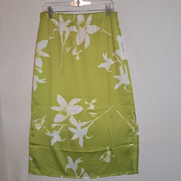 CALVIN KLEIN Skirt Womens Size Medium Green‎ White Floral Print Slit Pencil NEW - Picture 2 of 8
